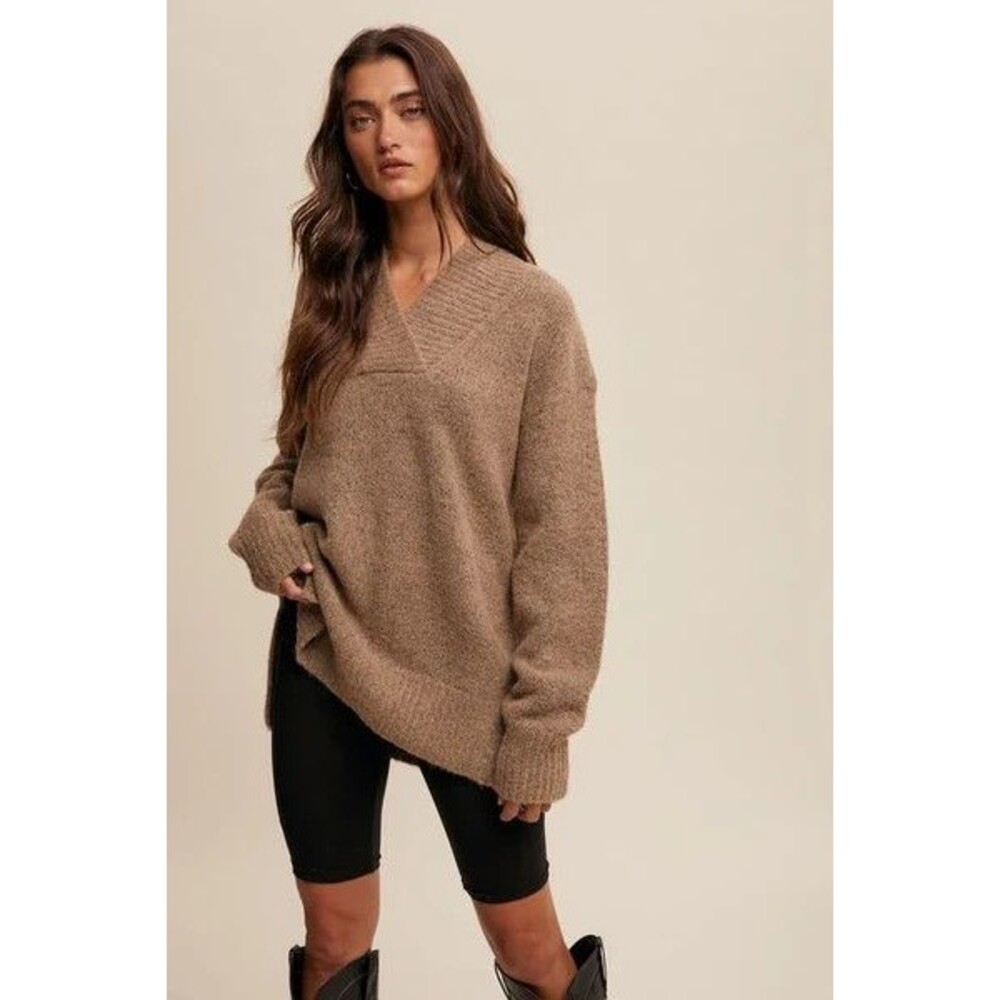 NWT Listicle V-neck Slouchy Soft Knit Sweater Taupe Size Large NEW Oversized